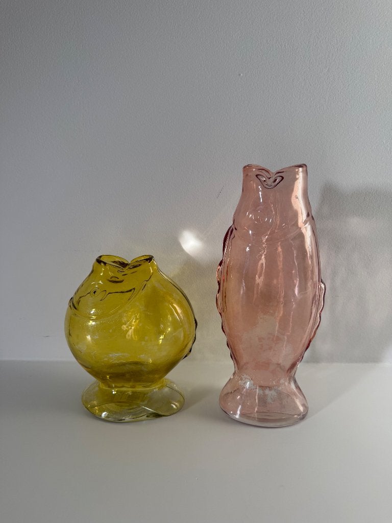 2 glazen vazen in de vorm van een vis, Gebruikt, Meerkleurig, Ophalen of Verzenden, Glas
