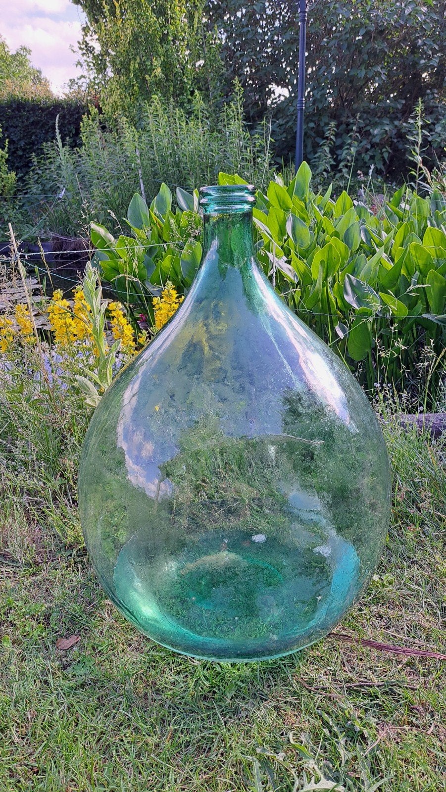 Blauwgroene glazen fles 54 liter (demijohn), hoogte 63 cm, Tuin en Terras, Tuinvazen, Ophalen