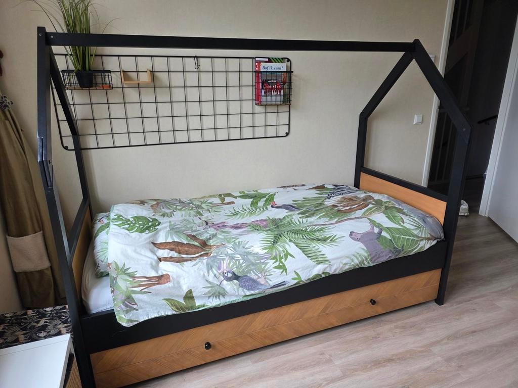 Bopita huisbed met bedlade 90x200 - Zwart/Hout, Huis en Inrichting, Ophalen, Gebruikt, 90 cm, Eenpersoons