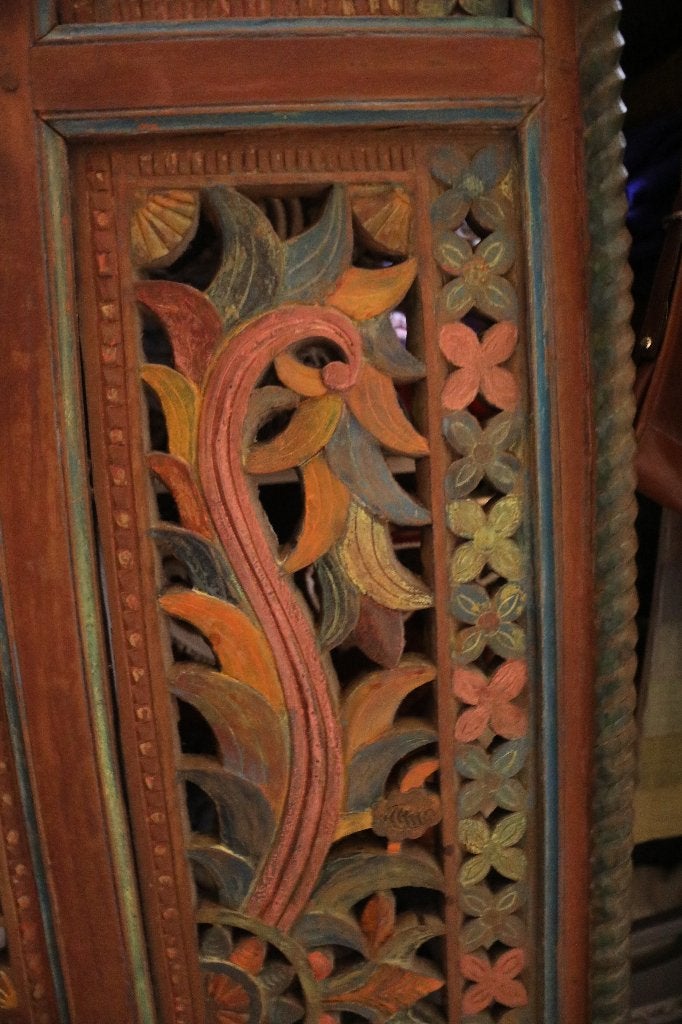 Azie - Handgesneden kleurrijke houten bedachterwand, Gebruikt, Overige kleuren, Tweepersoons, Ophalen of Verzenden