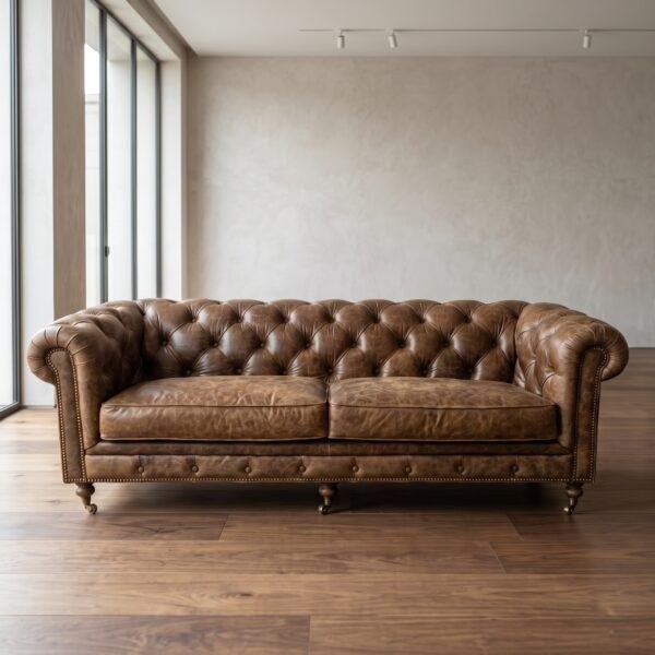 29139 Bank Chesterfield Vintage Bruin Leder 2,20 m, Ophalen, Gebruikt, 75 tot 100 cm, Leer