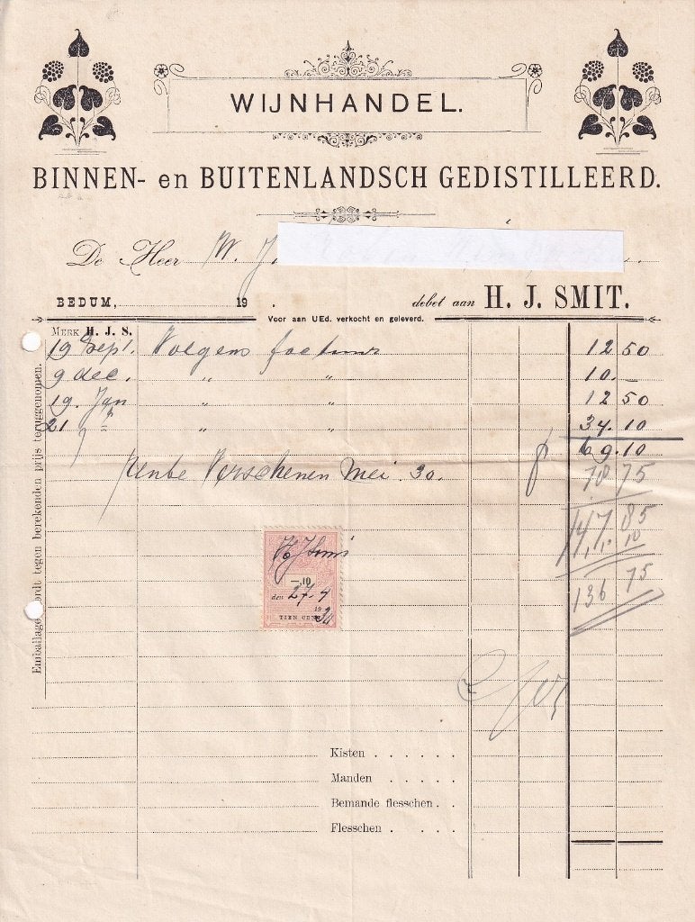 Bedum; 2 facturen wijnhandel H.J. Smit 1930, Ophalen of Verzenden, 1920 tot 1940, Gelopen, Groningen