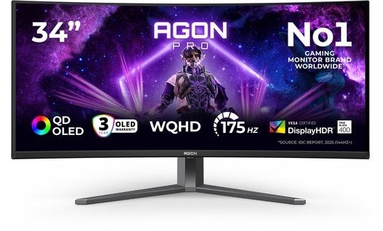 AOC AGON PRO AG346UCD Ultrawide Curved OLED Gaming Monitor, Gaming, Info@novadisplays.nl, Curved, Nieuw