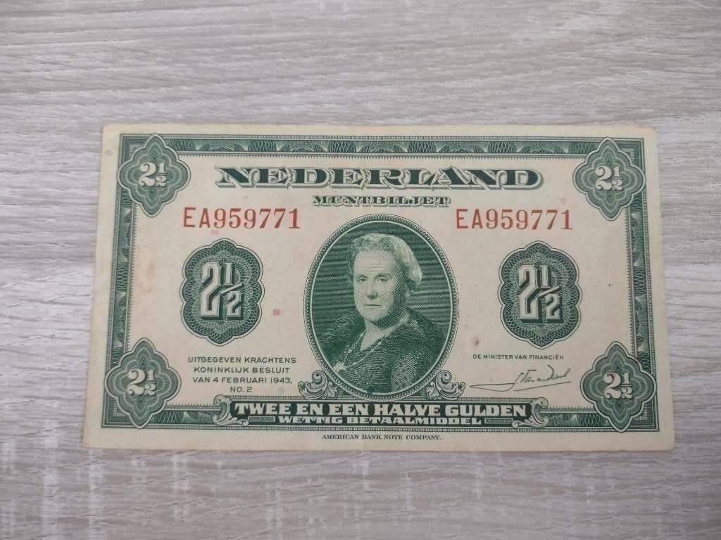 Prachtig biljet 2,5 gulden 1943, muntbiljet Wilhelmina, Ophalen of Verzenden, 1 gulden