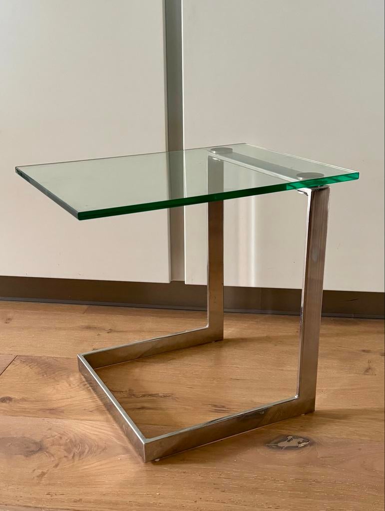 Modern bijzettafeltje glas en chroom, Huis en Inrichting, Tafels | Bijzettafels, Minder dan 55 cm, Rechthoekig, Ophalen, 45 tot 60 cm