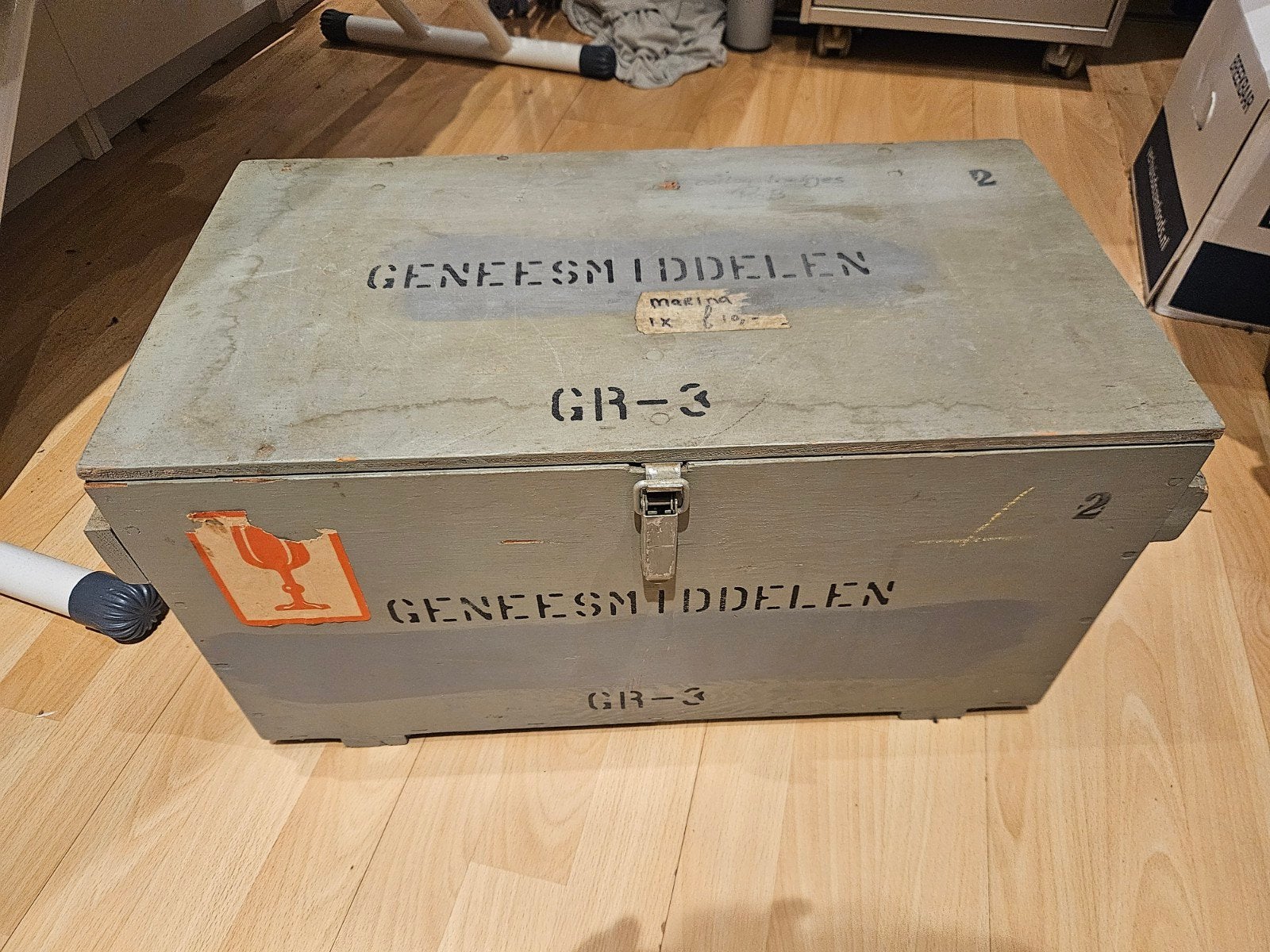 Vintage houten kist 'GENEESMIDDELEN GR-3' (zonder inhoud), Ophalen, Gebruikt, 50 tot 100 cm, 5 – 50