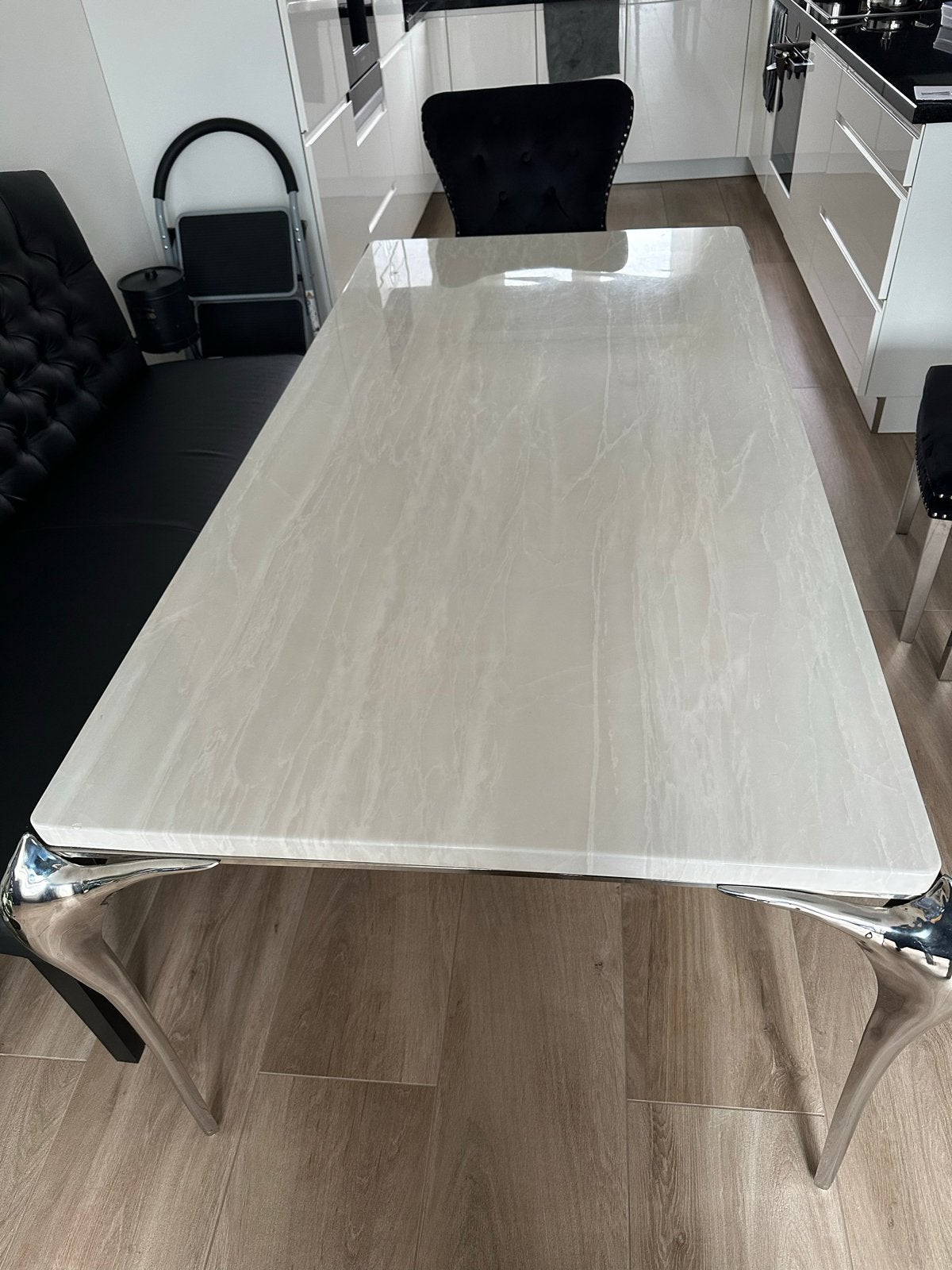 Set: Marmeren Eettafel en Salontafel met Chromen Poten, Huis en Inrichting, Overige materialen, Zo goed als nieuw, 150 tot 200 cm