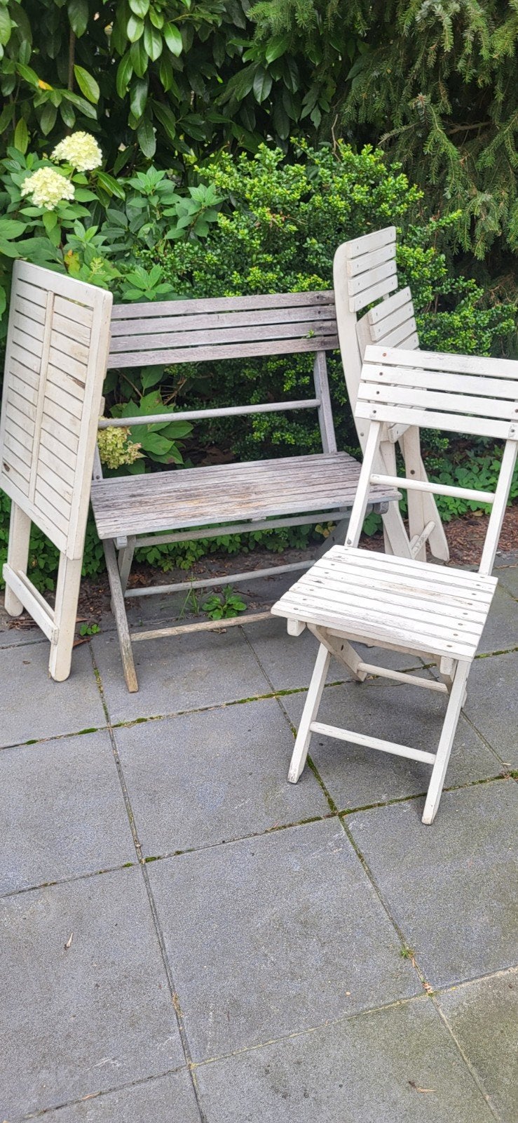 Houten Tuinset: 2 Opklapbare stoelen, bankje en tafel, Ophalen, Gebruikt, 3 zitplaatsen, Tuinset