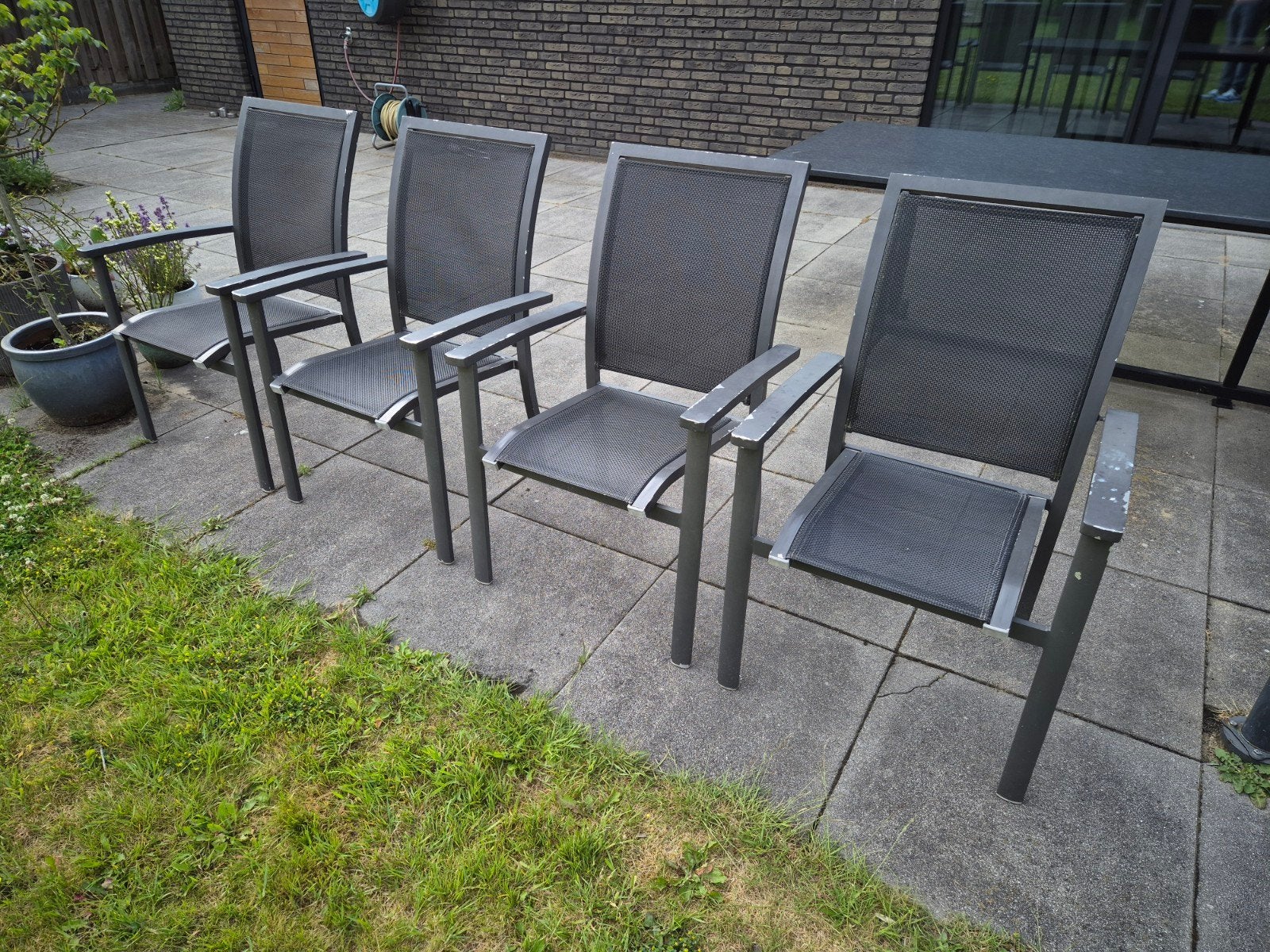 4 aluminium textileen tuinstoelen, Ophalen of Verzenden, Gebruikt, Aluminium, Stapelbaar