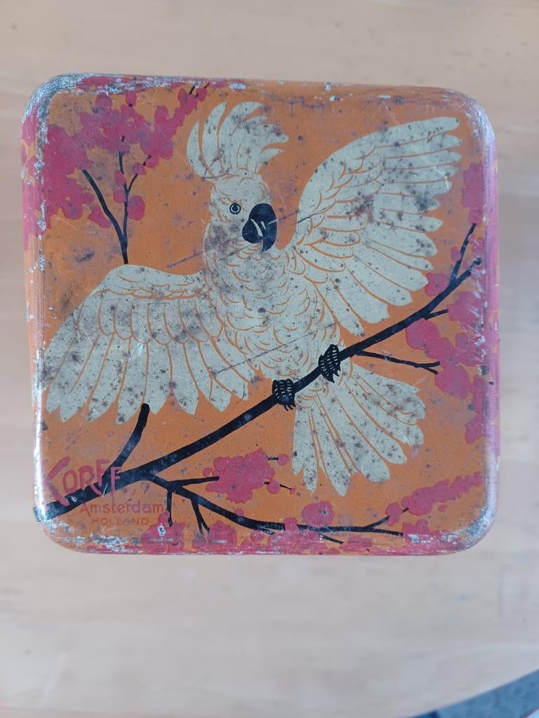 Vintage Korff's Cacao blik met papegaai decoratie, Ophalen of Verzenden