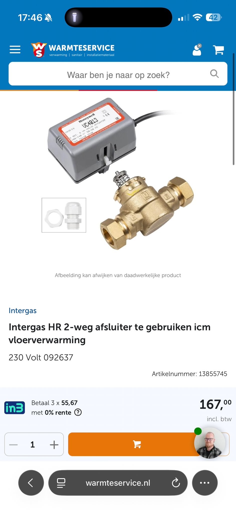 Intergas 2-wegventiel afsluiter van 230V Honeywell actuator, Ophalen, Minder dan 30 cm, Hoog rendement (Hr), Overige typen