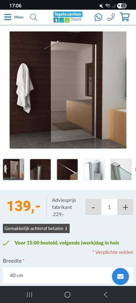 Nano douchescherm 40cm - Geen stabilisatiestang nodig, Doe-het-zelf en Verbouw, Sanitair, Ophalen, Zo goed als nieuw, Glas, Douche