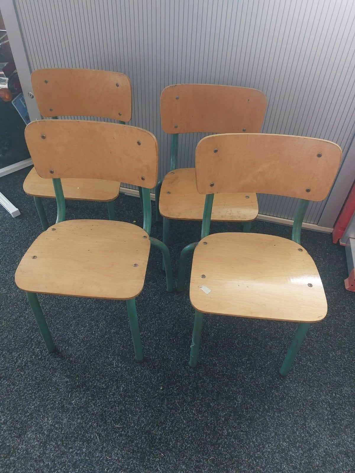 Set van 4 vintage schoolstoelen - Hout en metaal, Ophalen, Gebruikt, Overige kleuren, Vintage, Retro, School