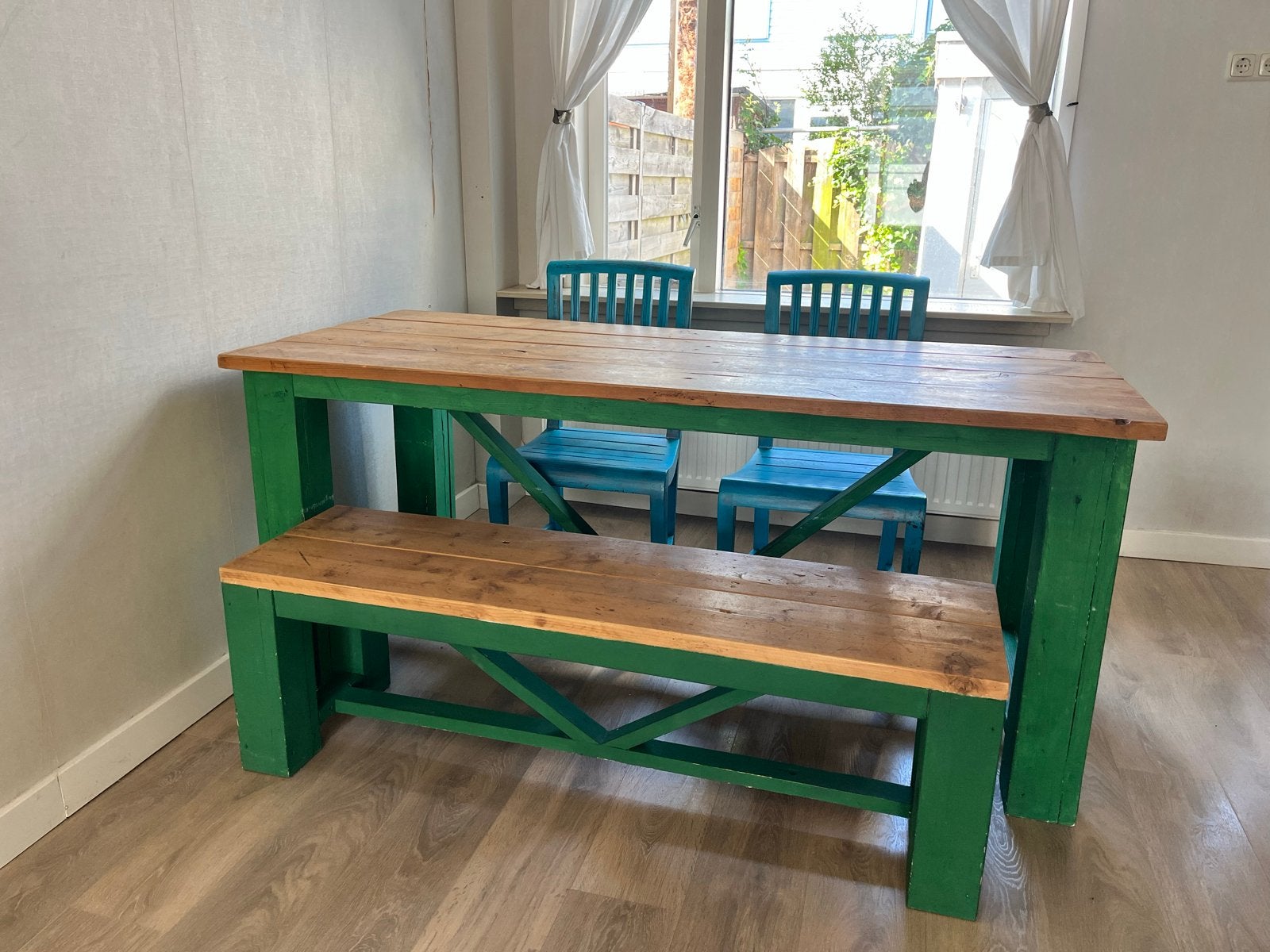Eettafel met bankje en 4 stoelen (blauw/wit), Ophalen, Gebruikt, 50 tot 100 cm, Vijf personen of meer