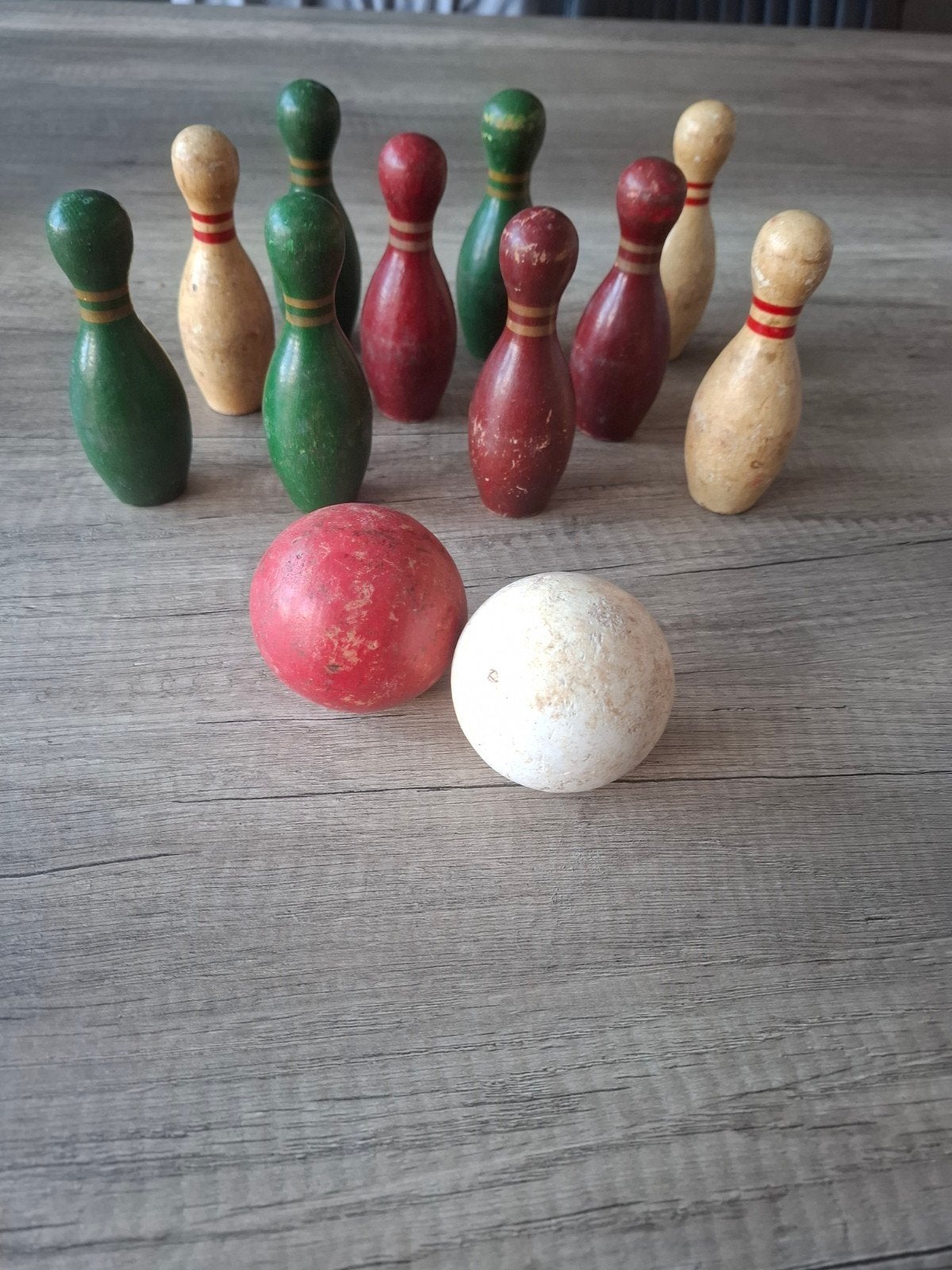 Vintage houten kegelspel met 2 ballen, Ophalen of Verzenden, Gebruikt