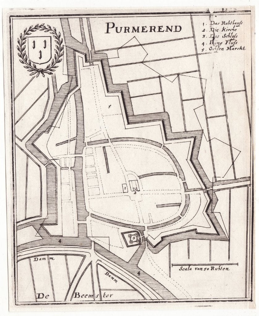 Purmerend vestingsplan Caspar Merian 1659, Antiek en Kunst, Kunst | Etsen en Gravures, Verzenden, Cartografie, 1600 - 1699, Gravure