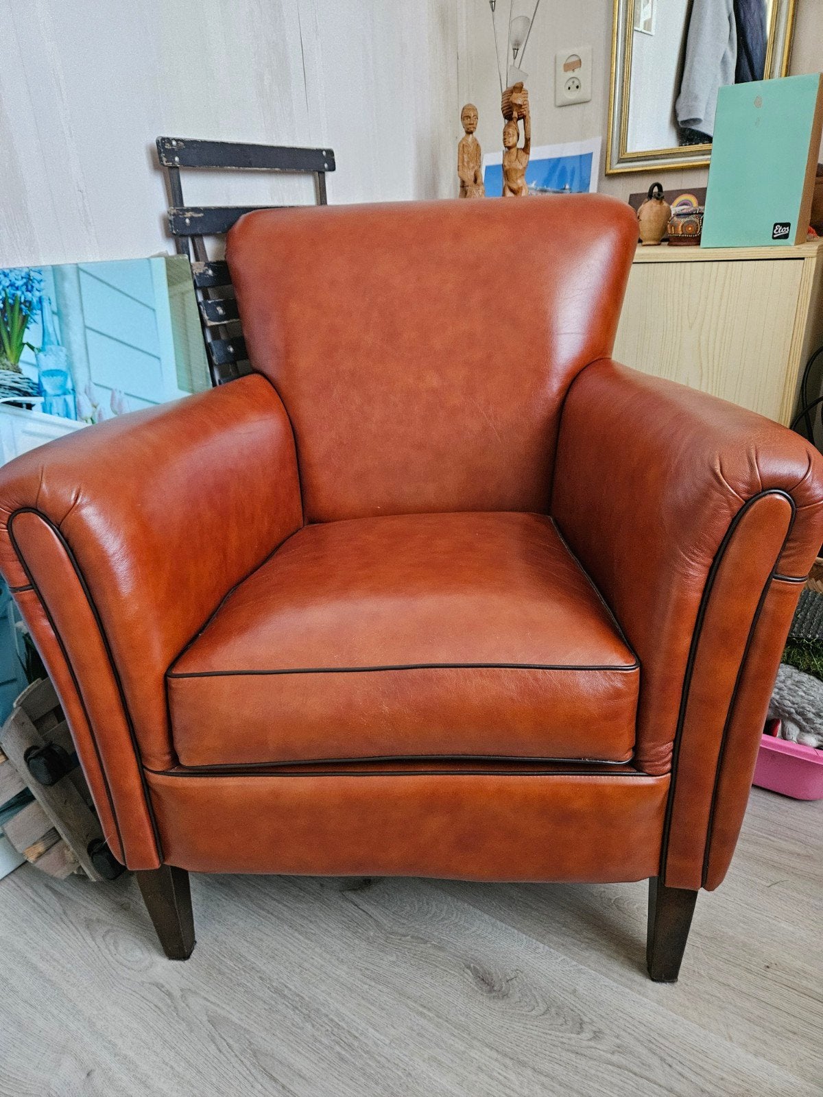 Leren fauteuil - Cognac kleur, Ophalen, Gebruikt, Klassiek, Comfortabel, 50 tot 75 cm