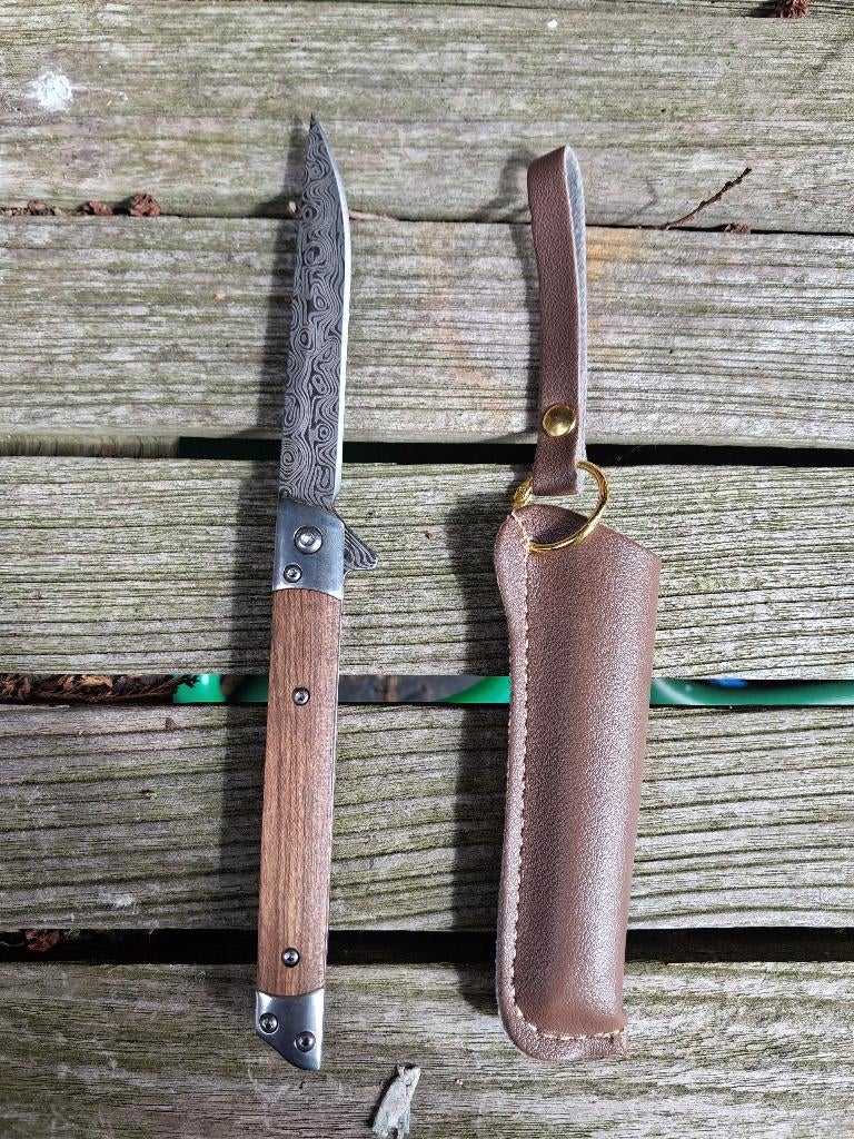 Zakmes met vlijmscherp Damascus Lemmet in Leren Etui, Verzamelen, Ophalen of Verzenden, Overige soorten, Nederland, Mes of Dolk