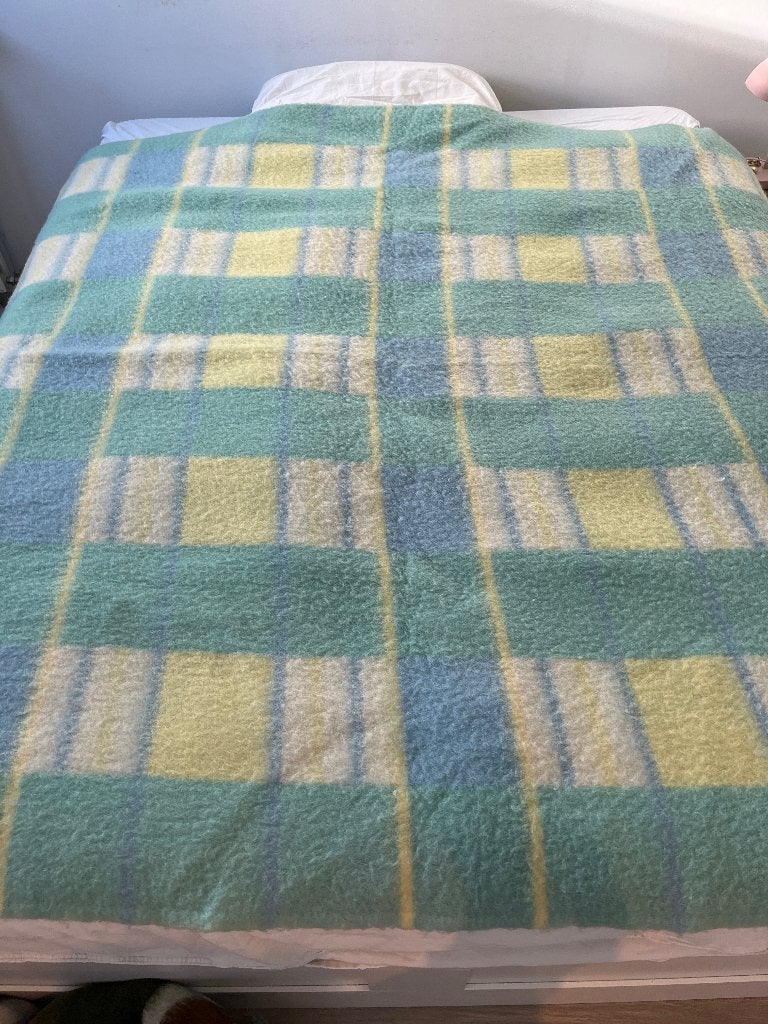 Vintage AaBe wollen deken - blauw, geel, zeegroen, Wol, Ophalen of Verzenden, Meerkleurig, Omkeerbaar