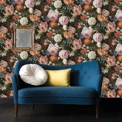 4 rollen Decomode Vliesbehang Oude Meesters Bloemen, Huis en Inrichting, Stoffering | Behang, Blauw, Rood, Groen, 25 tot 50 m²