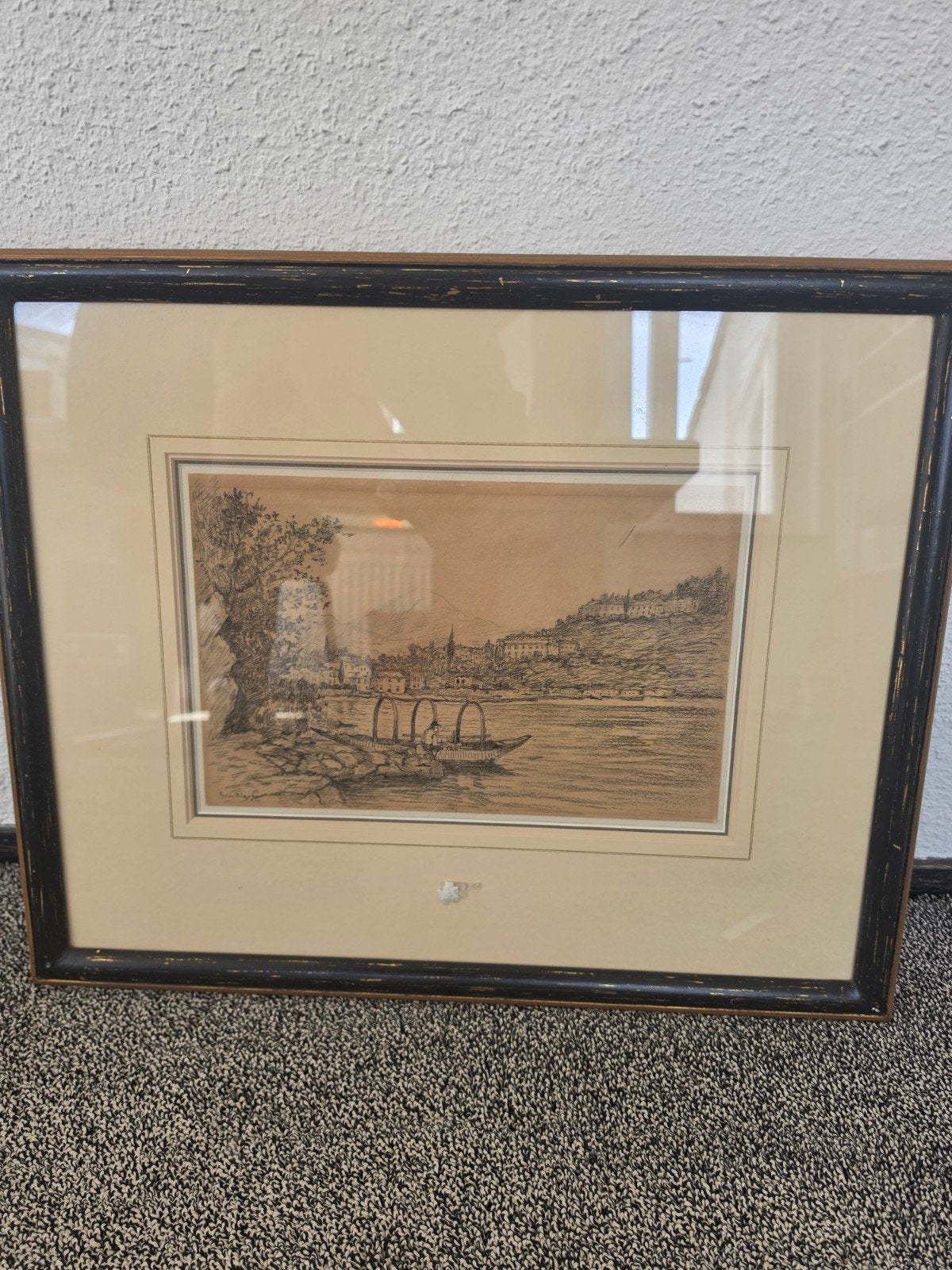 Antieke Ets: Rivierlandschap met Stad en Boten, Ingelijst, 1800 - 1899, Ets, Ophalen of Verzenden