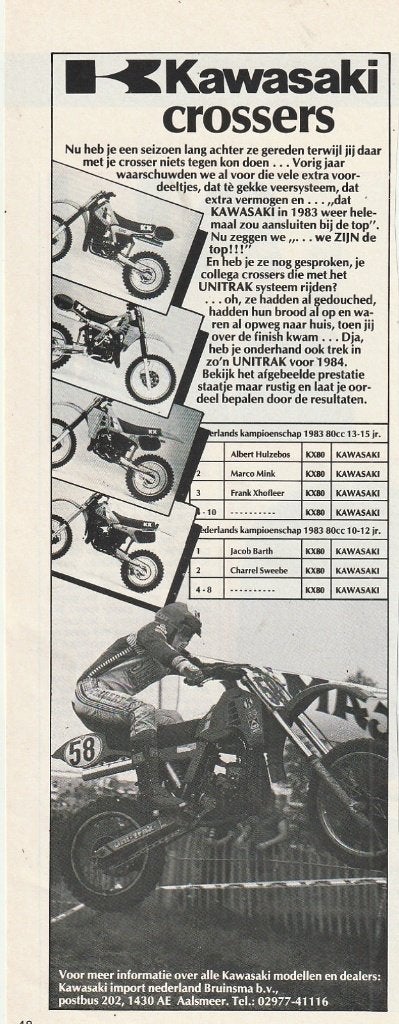 Retro reclame 1983 Kawasaki crossers uit Aalsmeer, Verzenden, Overige typen