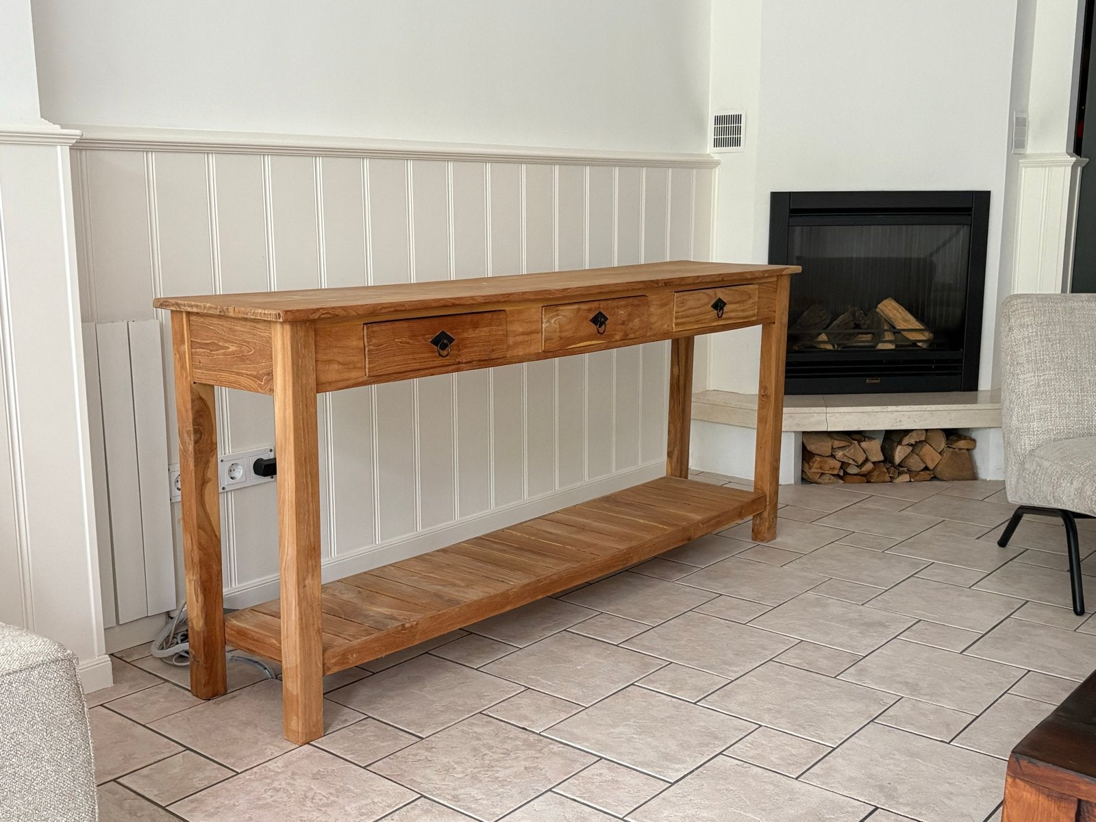 Stijlvolle teak Side Tafel 1800x400 met Lades en Plank, Huis en Inrichting, Ophalen, Gebruikt, 150 tot 200 cm, Overige houtsoorten