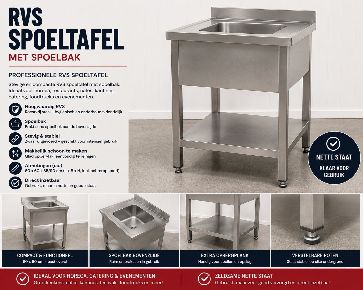 Nieuwe RVS Aanvoertafel met Spoelbak 60x75 cm Met Onderblad, Ophalen, 50 tot 100 cm, Zo goed als nieuw, Minder dan 100 cm
