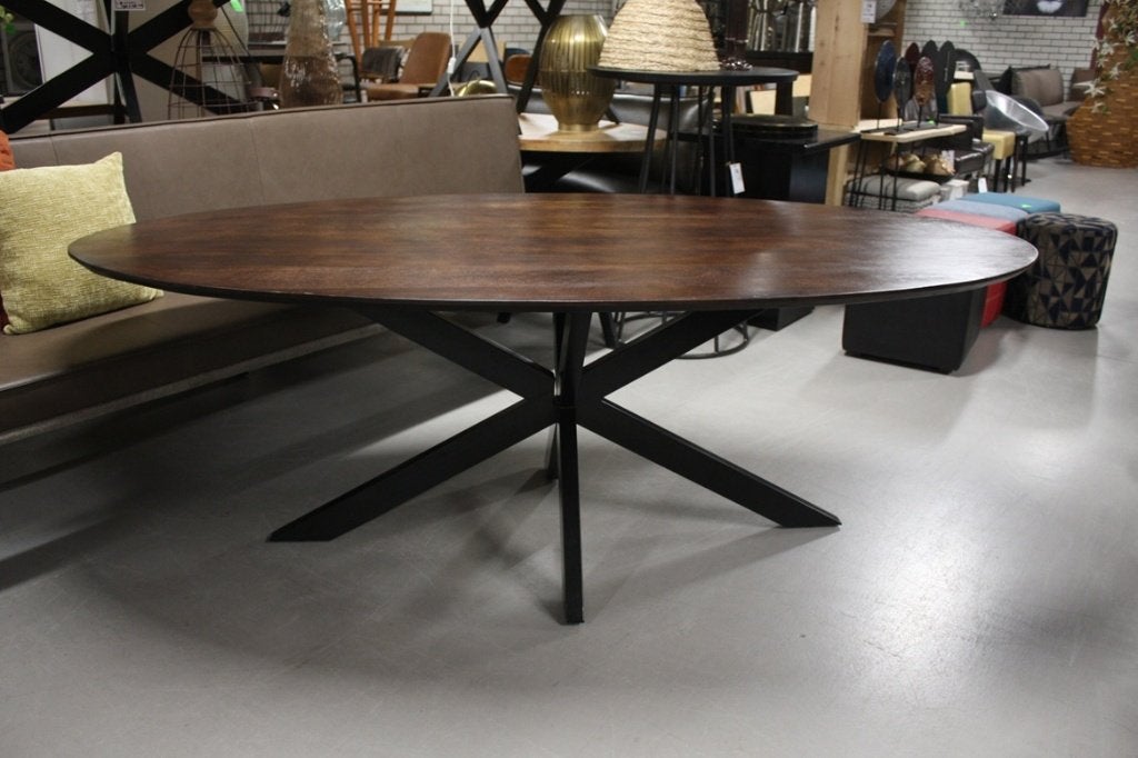 Sfeervolle ovale tafel eettafel metaal mangohout donkerbruin, Huis en Inrichting, Ophalen, 100 tot 150 cm, 200 cm of meer, Zo goed als nieuw