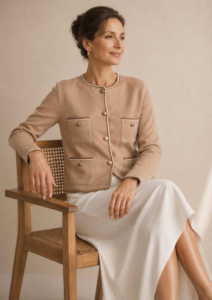 Eric Bompard vest beige luxe cardigan cashmere goud knopen, Verzenden, Zo goed als nieuw, Maat 42/44 (L), Beige