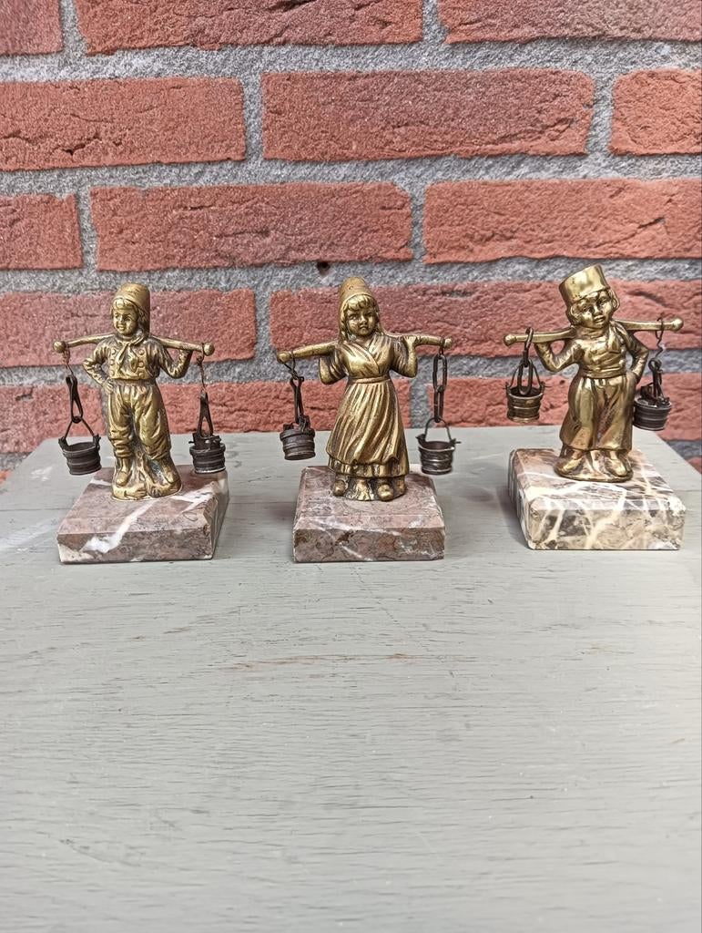 Set van 3 Vintage Messing Beeldjes op Marmeren Voet, Ophalen