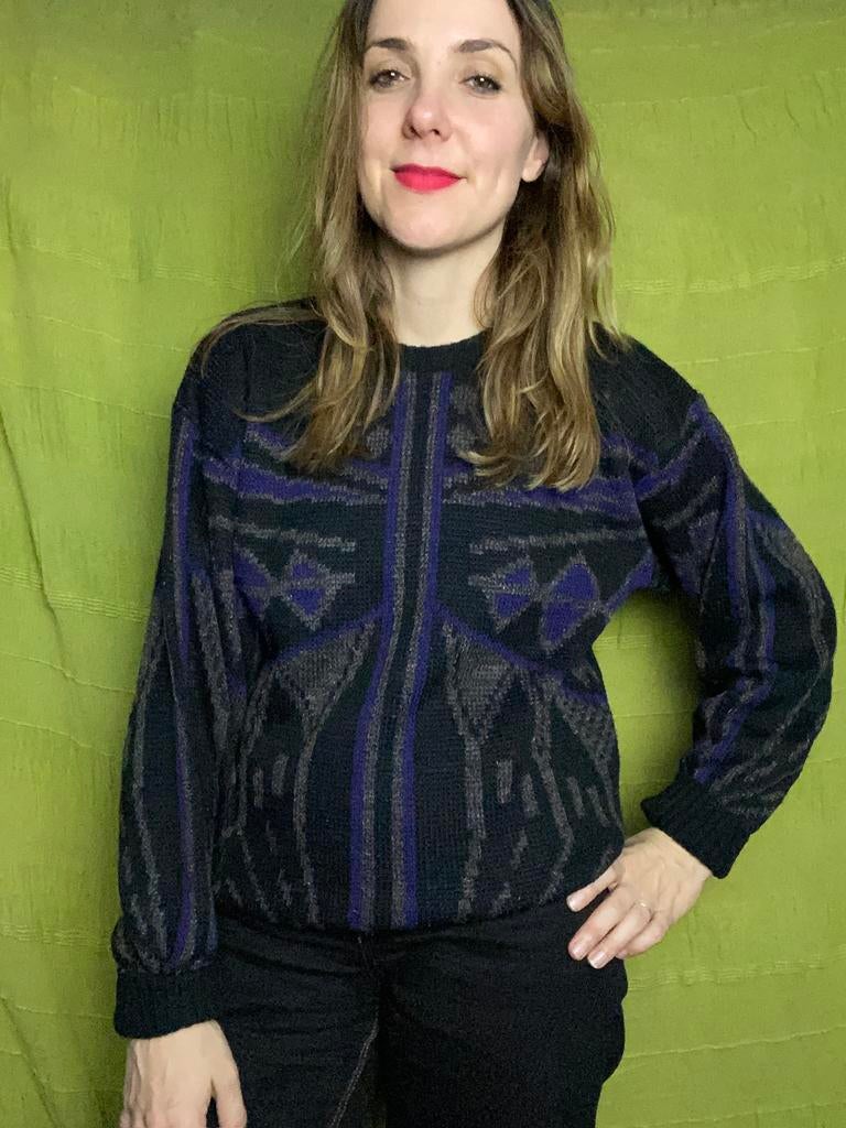 Vintage coogi style trui - sweater - print - paars/zwart, Maat 38/40 (M), Hgv, Ophalen of Verzenden, Vintage