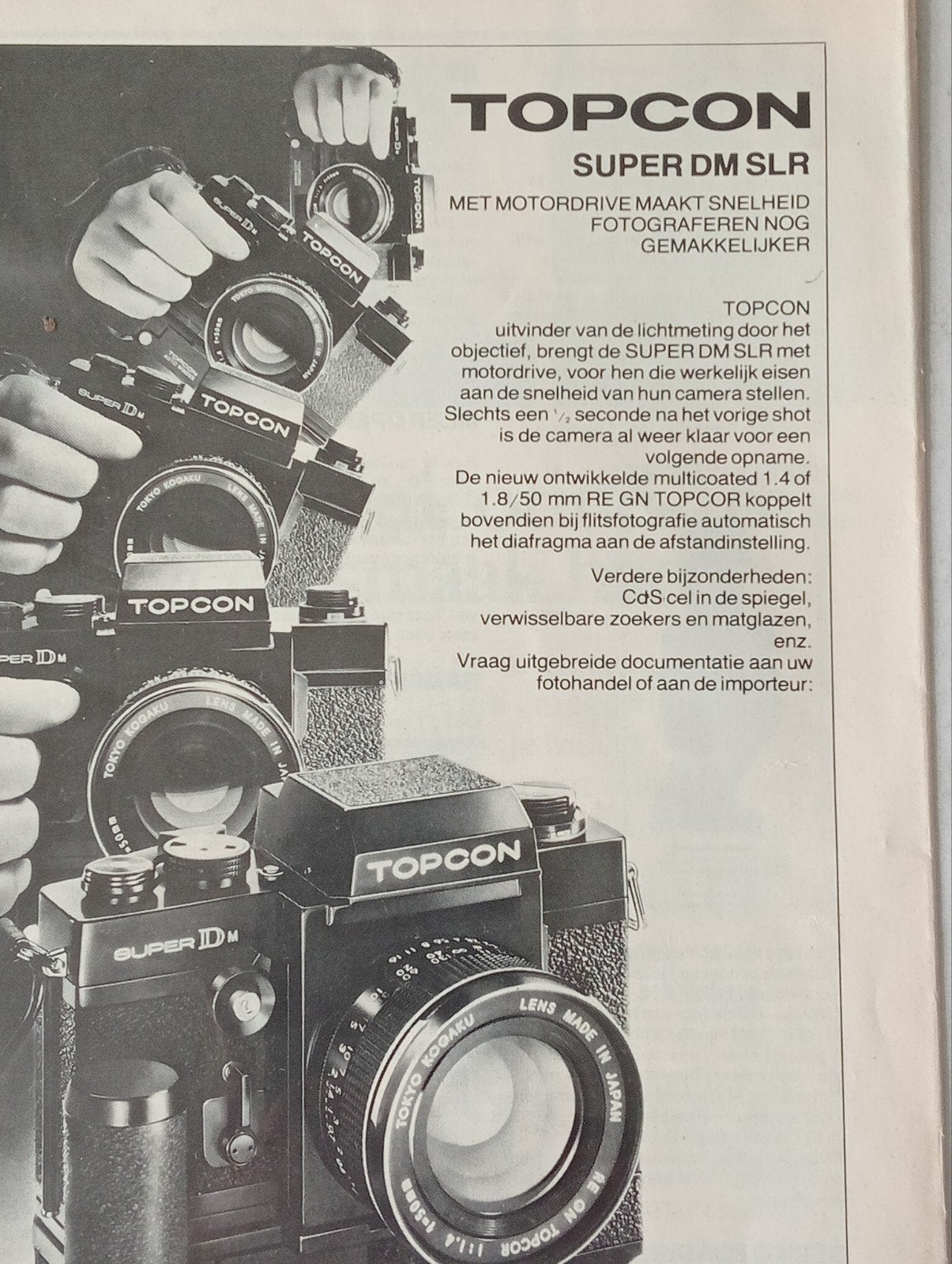 Vintage Topcon Super DM SLR camera advertentie jaren '70, Ophalen of Verzenden, Knipsel(s)