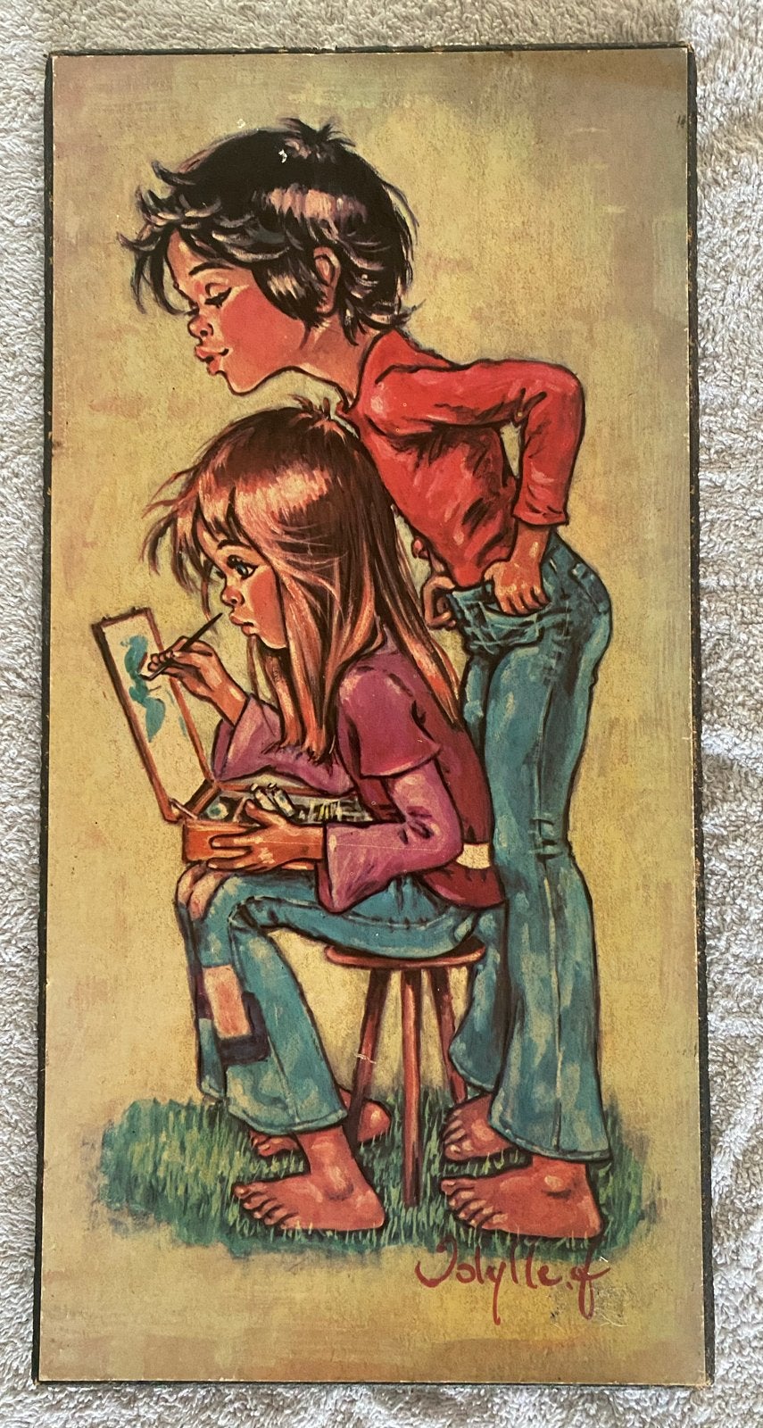 Vintage 'Big Eyes' kunstpaneel van Jolylle (Idylle Falconi), Antiek en Kunst, Kunst | Schilderijen | Modern, Figuren, Hout, Verzenden