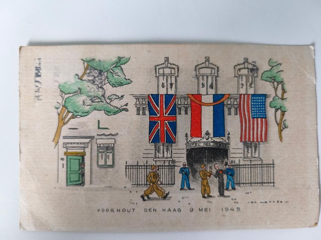 briefkaart met tekening "Voorhout de Haag 9 mei 1945", Ophalen of Verzenden, Briefkaart