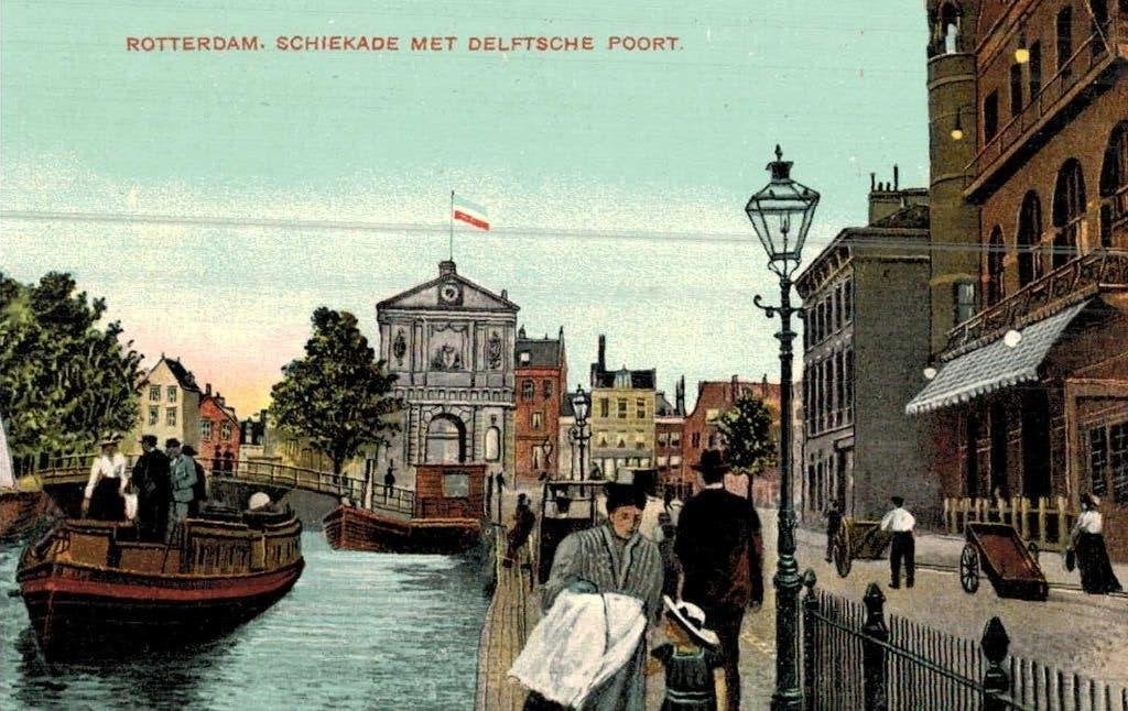 Oude briefkaart Rotterdam: Schiekade met Delftsche Poort, Ophalen of Verzenden, Voor 1920, Ongelopen, Zuid-Holland