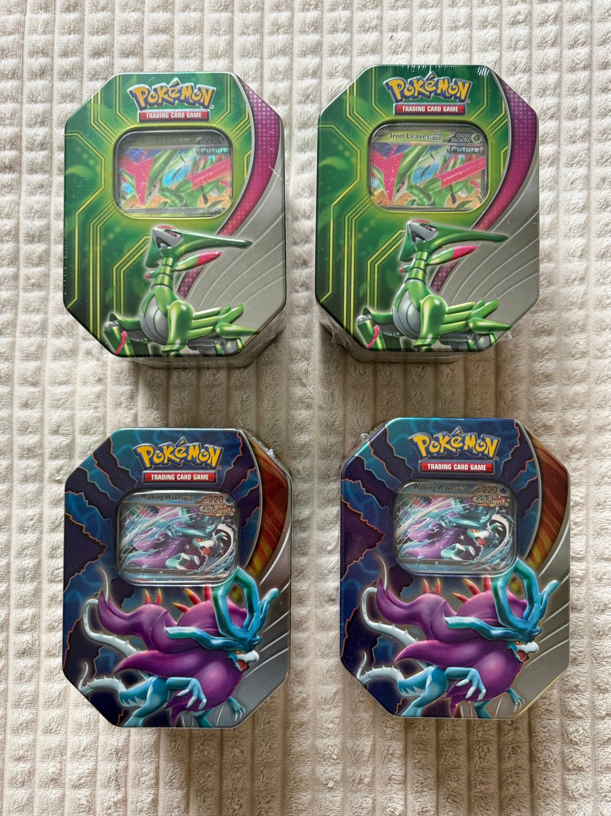 Pokemon Paradox Clash Tin, iron leaves, walking wake EX, Ophalen of Verzenden, Nieuw, Booster, Foil
