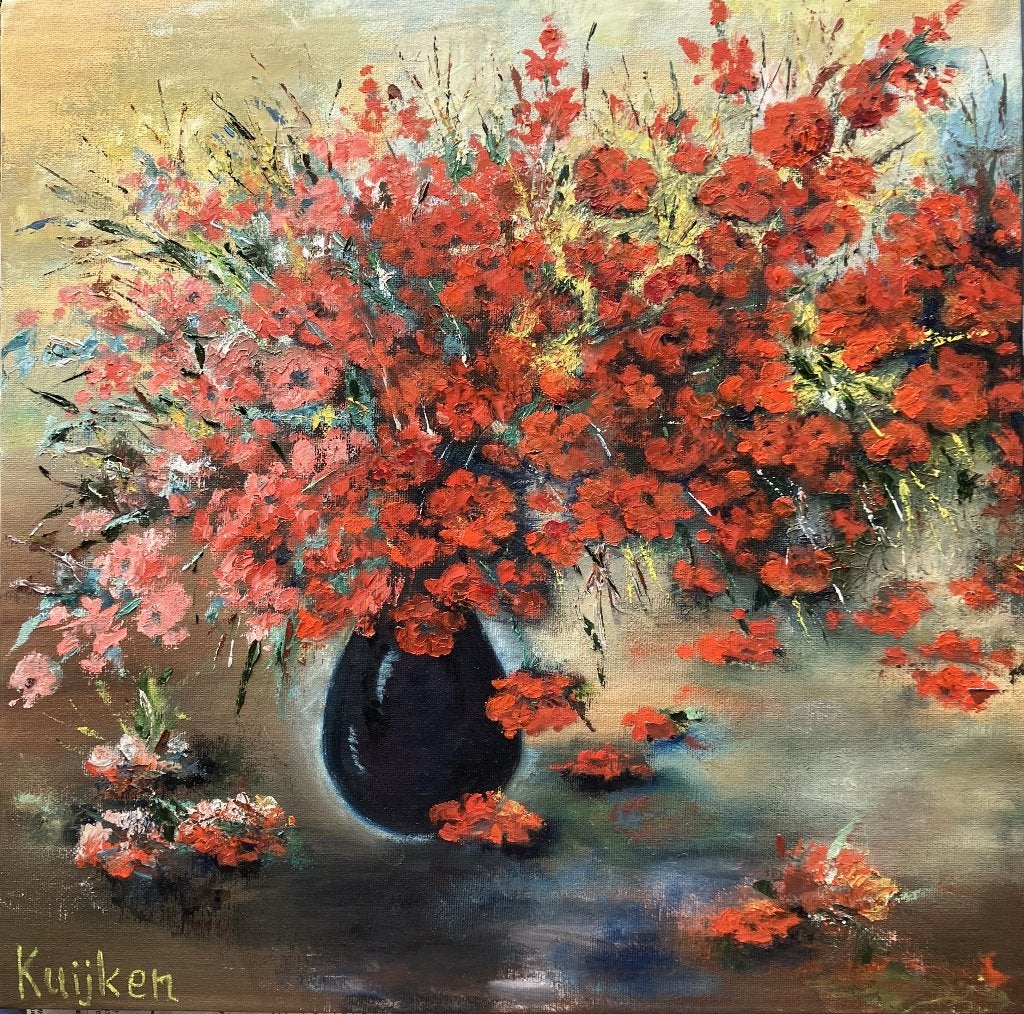 "Red Bloom Rhapsody" (Oil painting by Kuijken, 40 x 40 cm), Ophalen of Verzenden, Nieuw, Knutselwerk