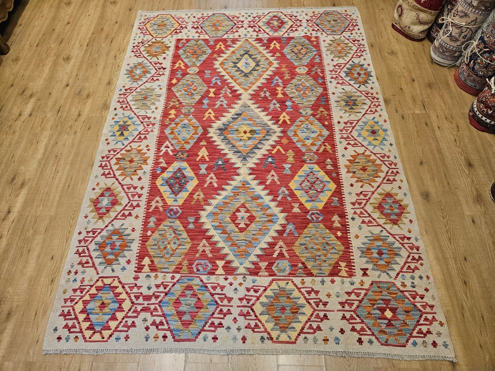 Handgeweven oosterse wollen kelim 246x177, Info@SlatsAntiek.nl, Blauw, Vof Slats Antiek, Ophalen of Verzenden