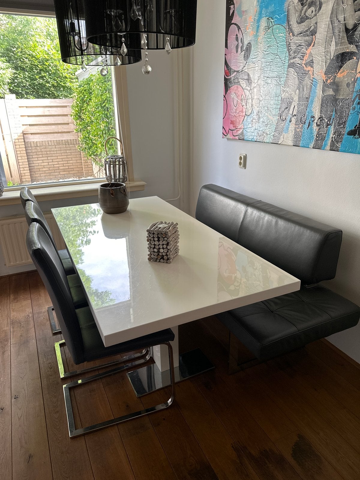 Moderne eettafel met bank en stoelen, Ophalen, 100 tot 150 cm, 50 tot 100 cm, Vier personen