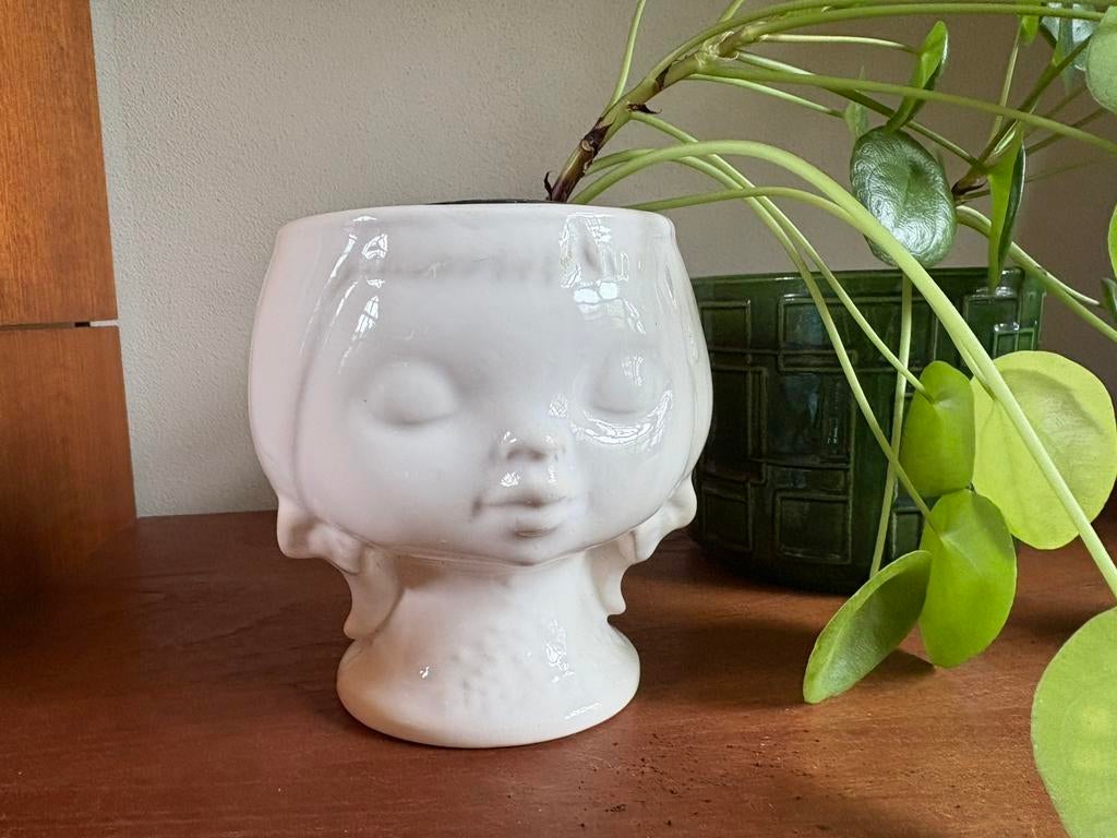 Vintage /retro bloempot gezicht meisje, Tuin en Terras, Bloempotten, Gebruikt, Rond, Binnen, Ophalen of Verzenden