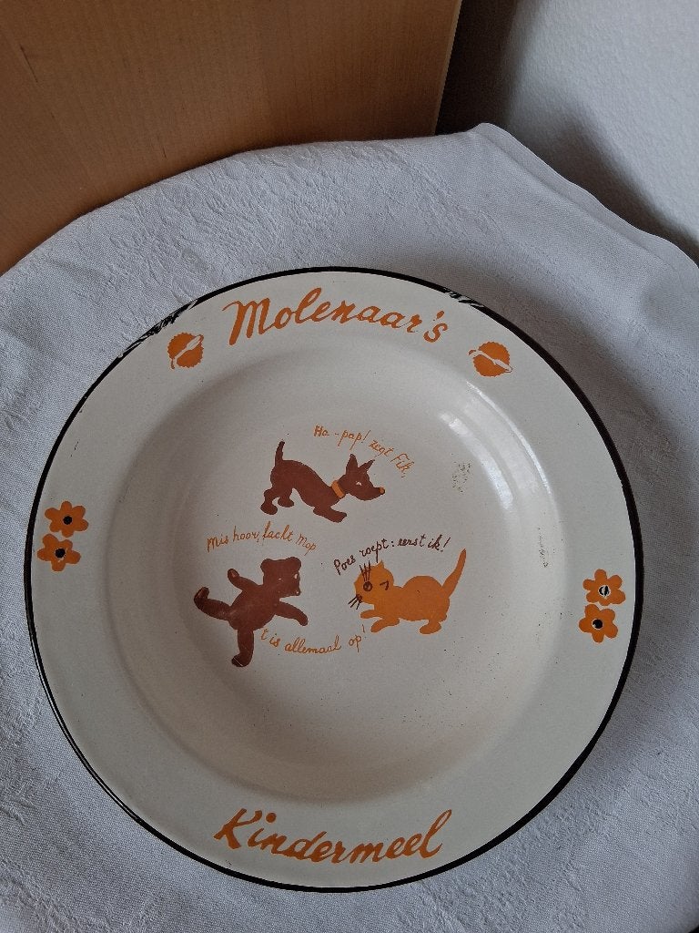 Molenaar's kindermeel blikken bordje + kaartjes *eureka*, Ophalen of Verzenden, Gebruikt, Reclamebord
