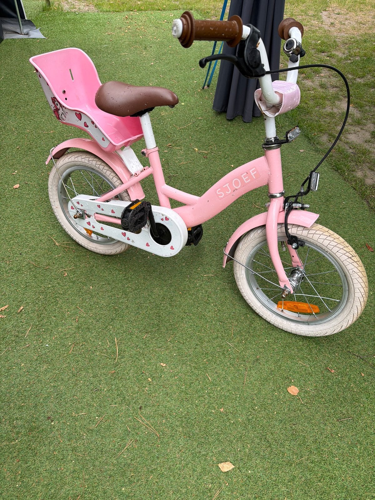 Roze kinderfiets SJOEFF met poppenzitje - 16 inch, Ophalen, Gebruikt, Velgrem, 16 tot 20 inch