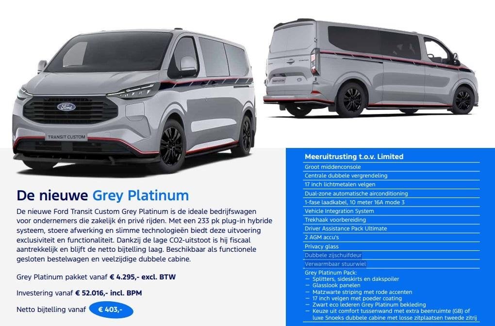 Ford Transit Custom 320 2.5 PHEV L2H1 Grey Platinum Gesloten, Auto's, Euro 6, 4 cilinders, Plug-in hybride, Bedrijf