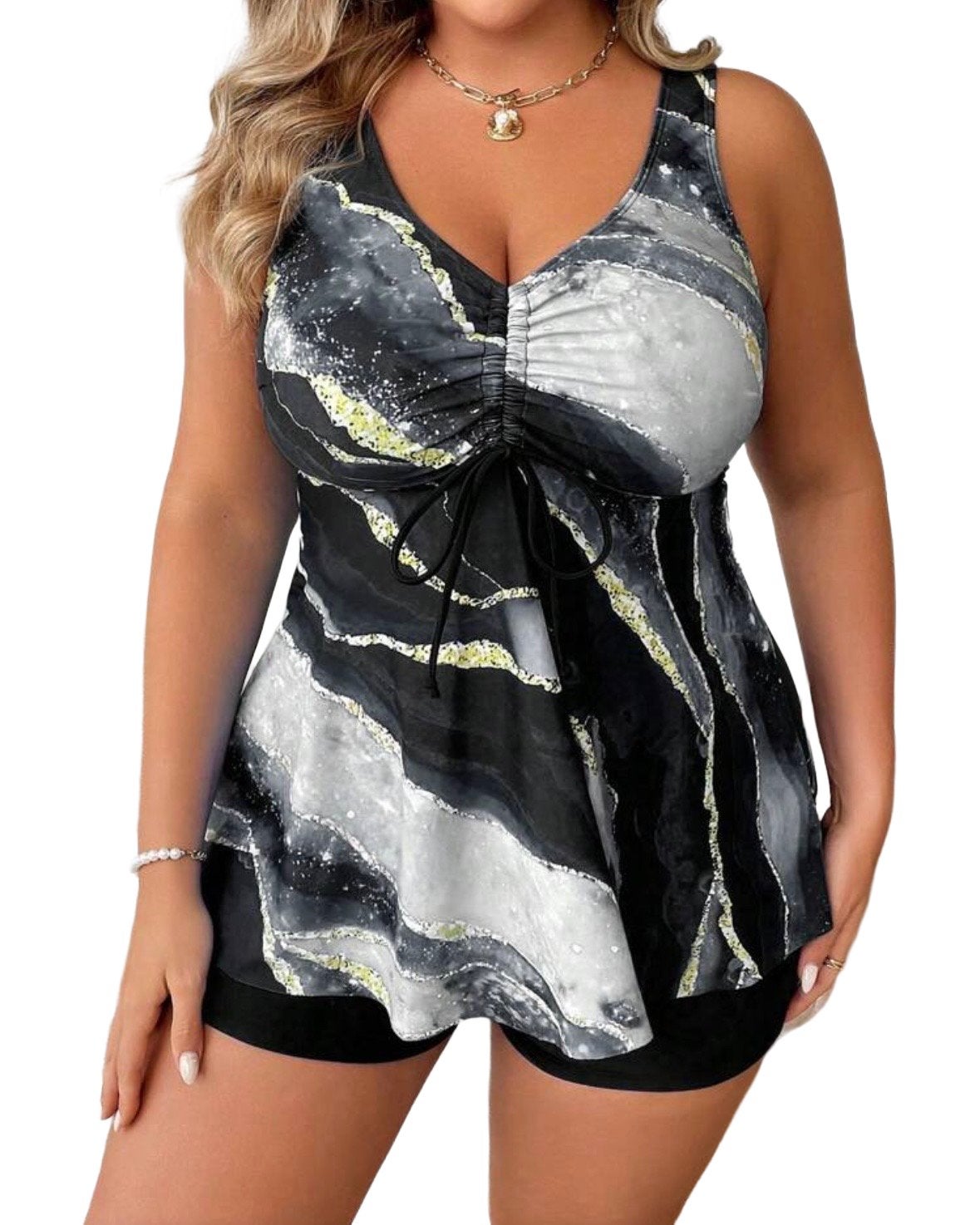 Tankini set met marmerprint en shorts (44-52), Verzenden, Nieuw, Zwart, Lingerie of Zwemkleding
