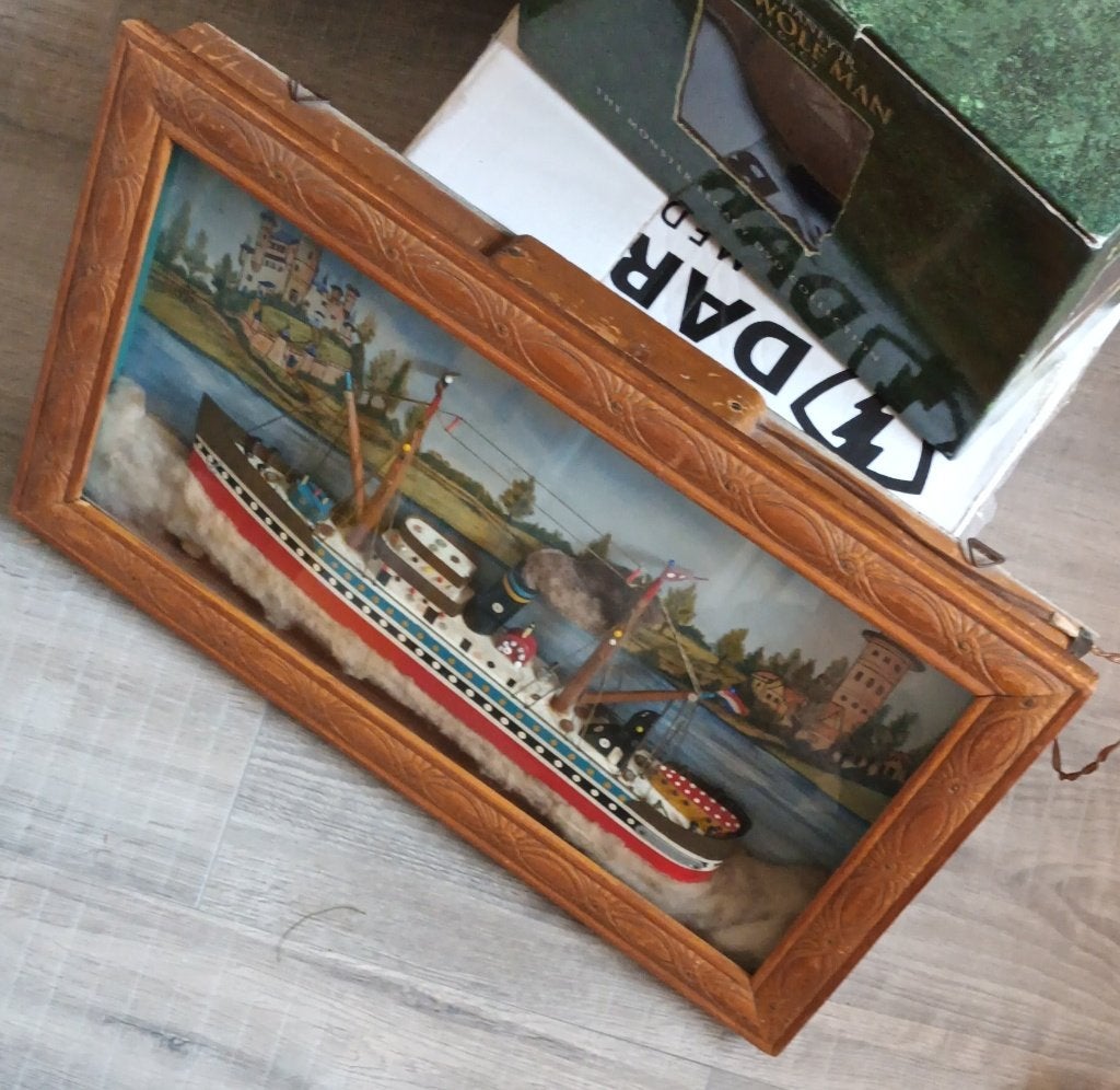 ANTIEK diorama stoomboot stoomschip, Titanic, stoommachine, Ophalen, Maritiem / water, Achter glas, Klassiek