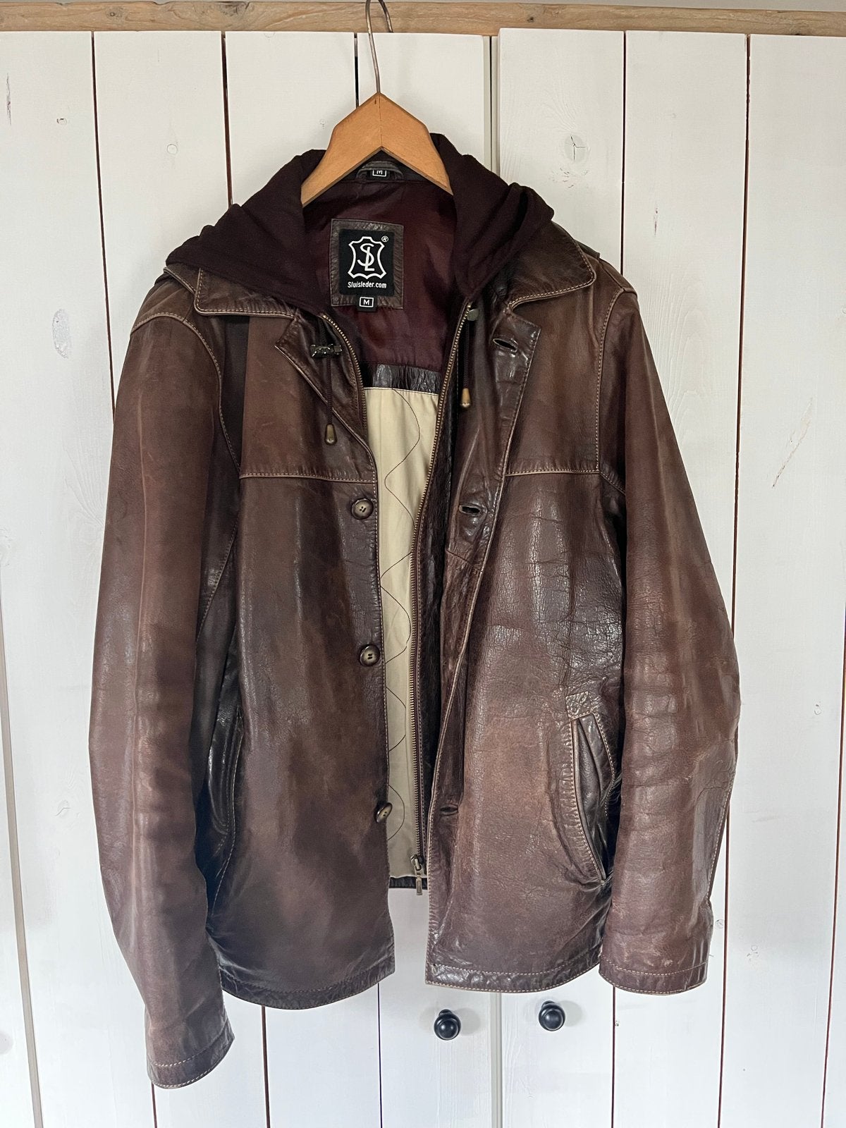 Heren leren jas met capuchon - Bruin, Kleding | Heren, Ophalen of Verzenden, Gedragen, Maat 48/50 (M), Bruin