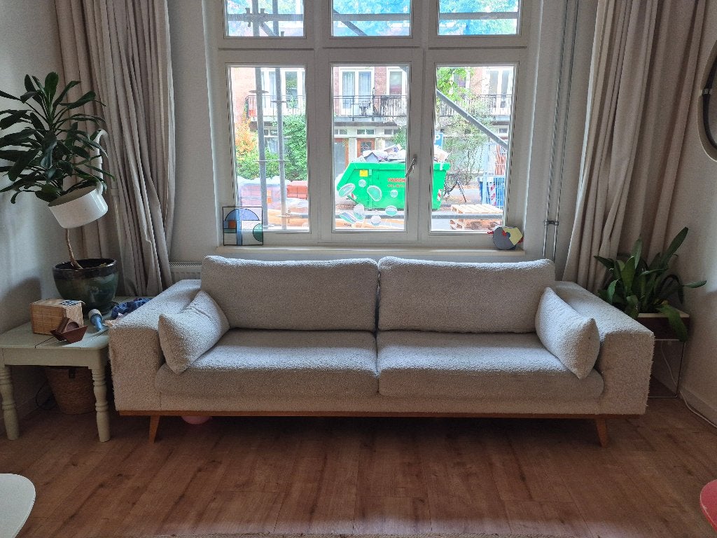 Retro look 3-zitsbank bouclé, Ophalen, Gebruikt, 75 tot 100 cm, Rechte bank