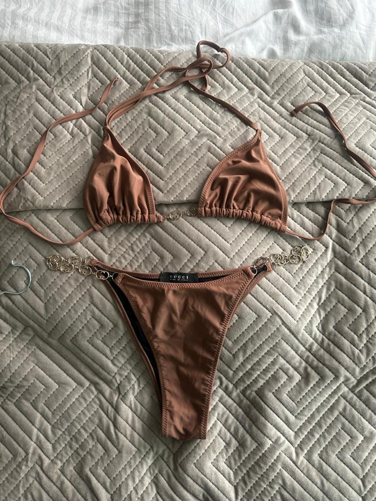 Gucci Bikini Bruin met Gouden Details, Ophalen of Verzenden, Zo goed als nieuw, Bruin, Bikini