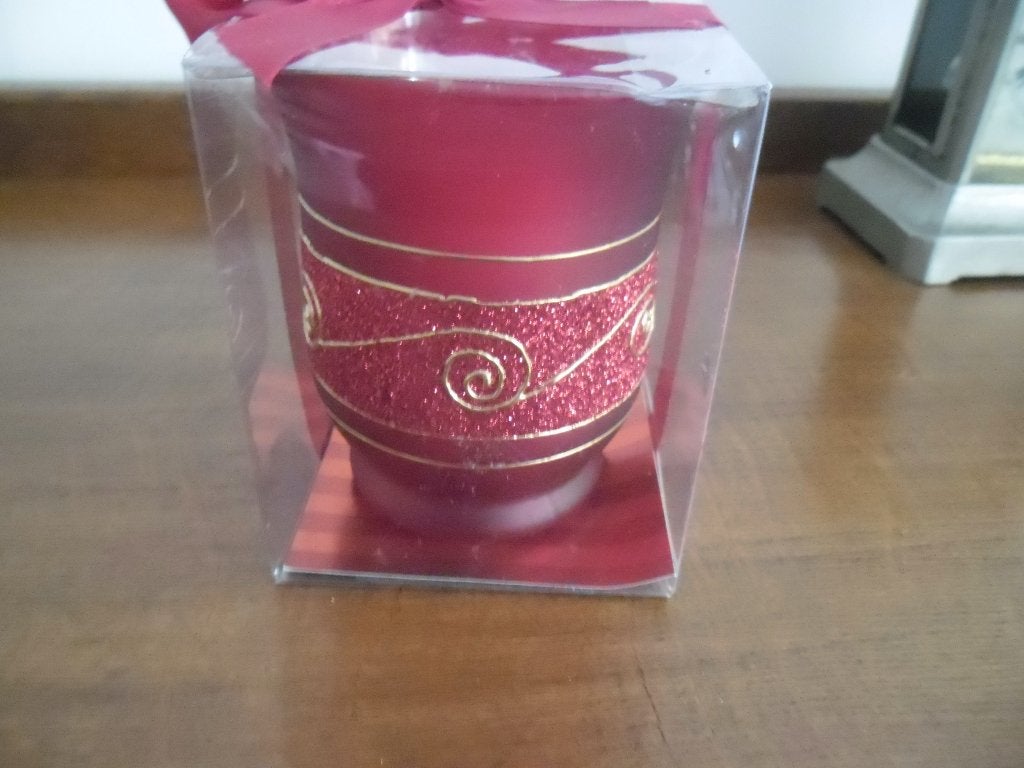 Rode kerstkaars in glazen houder met glitterdecoratie, Ophalen of Verzenden, Nieuw